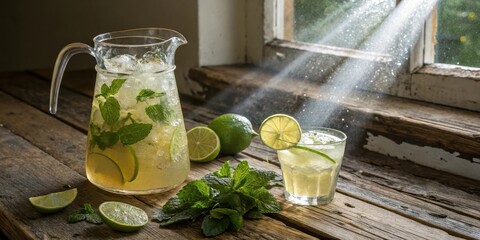Poster - Refreshing Homemade Lime and Mint Drink in Glass Pitcher and Glass on Rustic Wooden Table with Sunbeams Shining Through Window