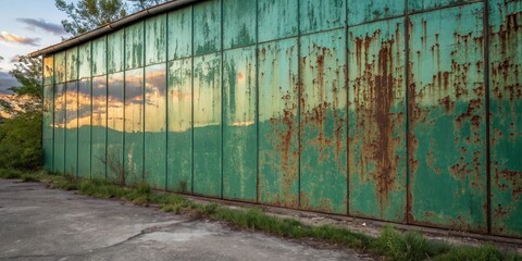 Poster - A weathered green metal wall, with rust and fading paint, reflects the vibrant colors of the sunset sky.
