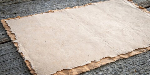 Aufkleber - A weathered, aged paper sheet with a frayed, worn edge rests on a rustic, wood surface.