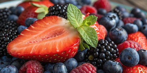 Aufkleber - A Close-Up of a Mixture of Berries, Including Strawberries, Blackberries, Raspberries, and Blueberries, with a Sprig of Mint on Top