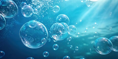 Poster - A collection of iridescent bubbles float in a sea of blue, bathed in sunlight, creating a whimsical and ethereal underwater scene.