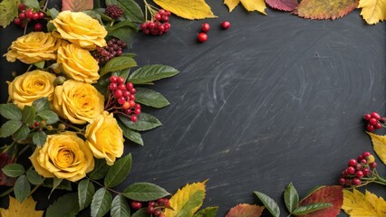 Aufkleber - A Festive Autumn Arrangement of Yellow Roses, Red Berries, and Vibrant Leaves on a Dark Background