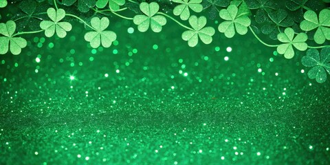 Aufkleber - Sparkling Green Glitter Background with Shamrock Leaf Garland