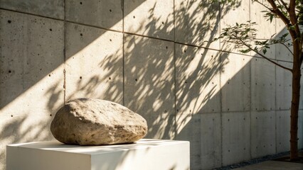 Fototapete - A solitary stone rests on a white pedestal in front of a concrete wall, sunlight casts dappled shadows from a nearby tree onto the wall