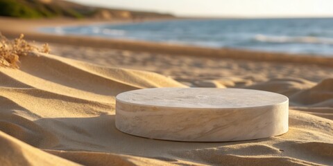 Poster - Empty White Marble Pedestal Sitting on a Sandy Beach with the Ocean in the Background