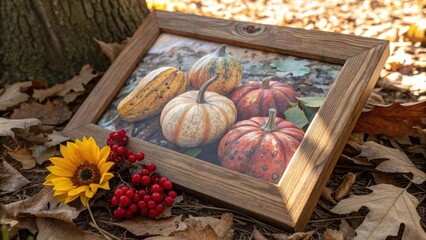 Poster - A framed photograph of a collection of autumnal gourds and a single sunflower, resting on a bed of dry leaves in the forest.