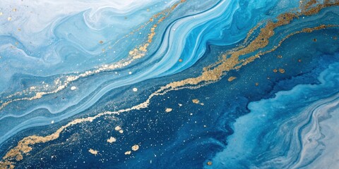 Poster - Abstract Liquid Art Featuring Swirling Blue and White Hues with Glittering Gold Accents