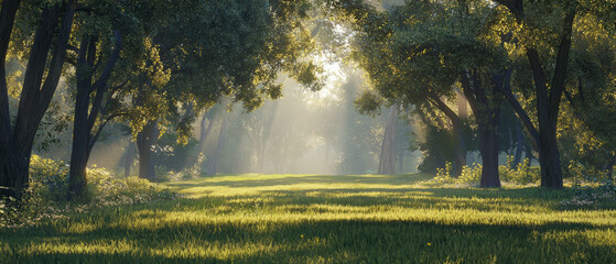 Wall Mural - a serene forest scene with tall trees and sunlight filtering through the leaves, generative ai