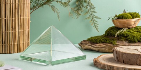 Poster - A crystal pyramid sits on a light green surface, with a bamboo cylinder to its left and a wooden slice and a wooden platform with moss to the right.