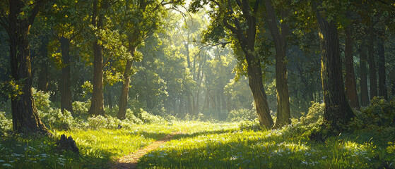 Wall Mural - a serene forest scene with tall trees and sunlight filtering through the leaves, generative ai