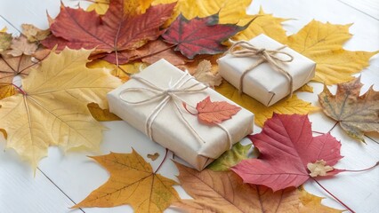 Poster - Gifts wrapped in natural paper adorned with autumn leaves, a simple and rustic touch for a thoughtful present.