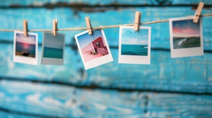 Poster - Charming collection of polaroid pictures displayed on string with clothespins against a rustic blue wooden backdrop. Generative AI
