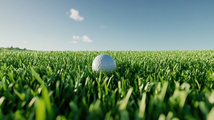 A highly detailed 3D rendering of a golf ball resting on vibrant, lush green grass, with a clear blue sky in the background, perfect for a sports banner.