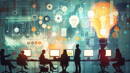 Poster - A dynamic scene illustrating a creative team brainstorming in a modern workspace. Silhouettes of individuals collaborate with digital graphics representing ideas and innovation.