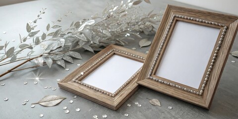 Poster - Two ornate wooden picture frames with a silver leaf branch and silver confetti on a gray background