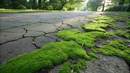 Poster - Cracked pavement with lush green moss growing through the cracks, creating a natural, vibrant contrast and showcasing the resilience of life