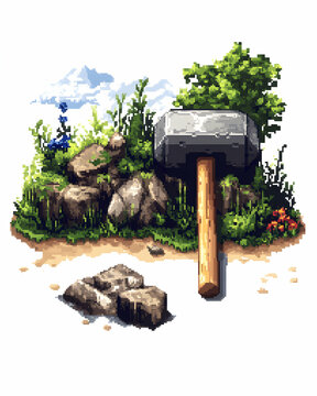 Sledgehammer resting on rocks, pixel art, mountain background, game asset.