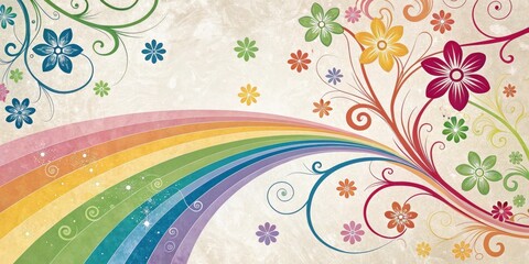 Poster - A whimsical rainbow arc soaring above a field of vibrant flowers and swirling vines, creating a harmonious blend of nature's beauty and artistic expression.