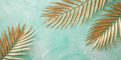 Aufkleber - Golden palm leaves arranged on a mint green background, creating a luxurious and elegant aesthetic.