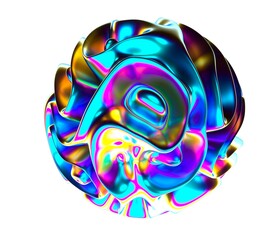 Poster - Abstract futuristic 3D illustration of a amorphous sphere in holographic iridescent colors made and chrome plated material. An image on the theme of biotechnology and molecular physics.