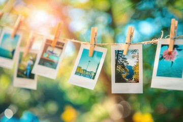 Aufkleber - Polaroid photos beautifully displayed on a string with clothespins in a vibrant outdoor setting. Generative AI