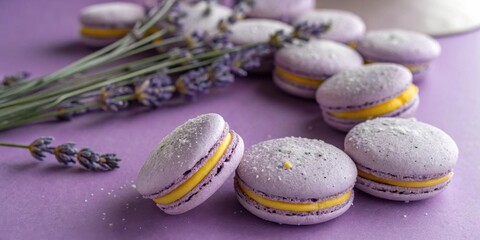 Poster - Purple Macarons with a Yellow Filling Resting on a Purple Background with Lavender Flowers