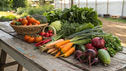 Poster - Freshly harvested vegetables displayed on a rustic wooden table, showcasing a bounty of colors and textures.