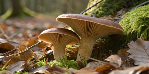 Aufkleber - A close-up view of two mushrooms nestled in a bed of fallen leaves and moss, their delicate gills and earthy tones highlighting the beauty of nature's subtle details.