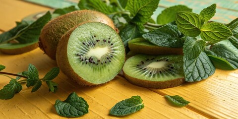 Aufkleber - Freshly cut kiwi fruit slices and vibrant green mint leaves arranged on a wooden surface, a visual representation of natural goodness.