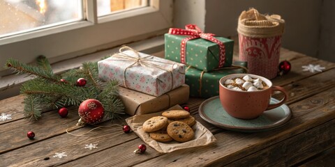 Poster - A Festive Winter Scene Featuring Wrapped Presents, A Cup of Hot Cocoa with Marshmallows, Cookies, and a Christmas Ornament on a Rustic Wooden Table