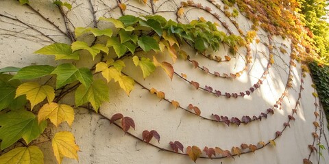 Aufkleber - A wall adorned with vibrant green leaves, transitioning into shades of yellow and brown, creating a natural tapestry against a textured backdrop.