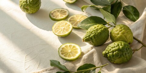 Poster - A fresh and citrusy arrangement of limes on a white tablecloth, showcasing the beauty of natural ingredients