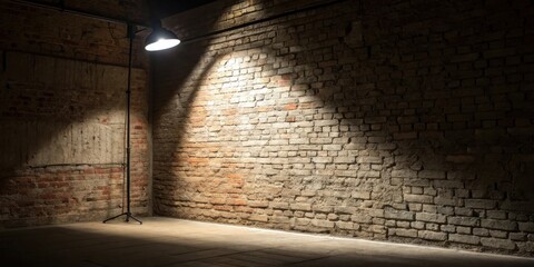 Poster - A single spotlight illuminates a brick wall in a dimly lit room, casting a warm glow on the rough texture