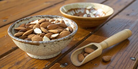 Poster - A Rustic Wooden Tabletop with a Ceramic Bowl Overflowing with Shelled Almonds, a Wooden Scoop, and a Scattered Almond
