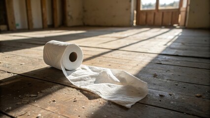 Aufkleber - A Roll of Toilet Paper Lies Unfurling on a Weathered Wooden Floor Bathed in Sunlight