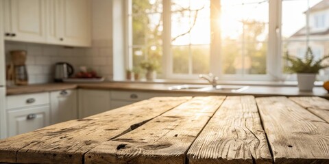 Poster - Rustic wooden table with a warm, natural light filtering through a window in a cozy kitchen
