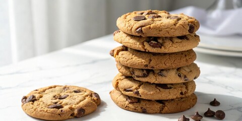 Poster - A stack of freshly baked chocolate chip cookies with a single cookie off to the side, resting on a marble surface with scattered chocolate chips