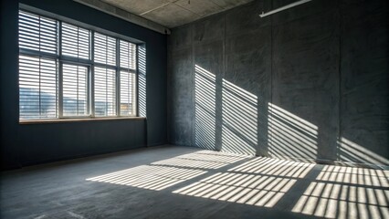 Poster - Sunlight streaming through blinds casts long shadows on the concrete floor of a minimalist room.