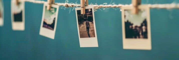 Poster - Polaroid photos attached to a string with clothespins creating a nostalgic display in a creative space. Generative AI