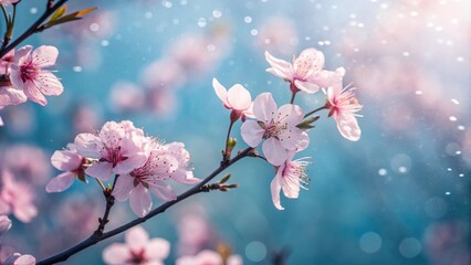 Poster - A delicate cluster of pink blossoms against a soft blue and white bokeh background, showcasing the beauty of springtime