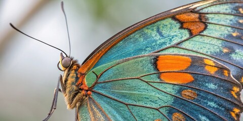 Poster - A close-up view of a butterfly's wing, revealing intricate details and a mesmerizing blend of vibrant hues.