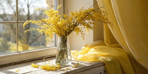 Poster - A bouquet of yellow flowers in a glass vase, resting on a windowsill with a yellow curtain, bathed in warm sunlight.