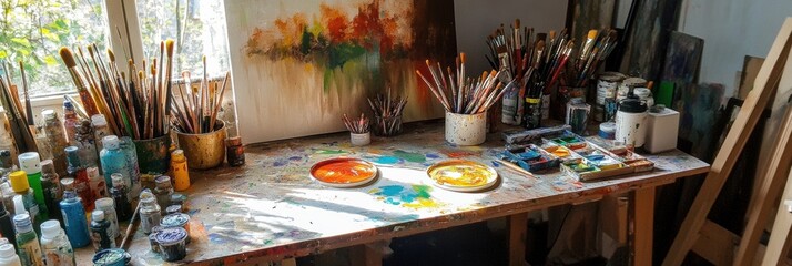 Poster - Creative workspace featuring artist brushes, vibrant paints, and canvases on a messy table with plenty of natural light. Generative AI