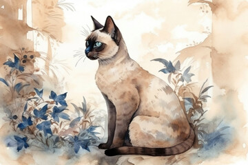 Wall Mural - Tonkinese cat in the forest.  watercolor style 