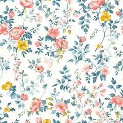 Poster - Colorful floral pattern featuring various flowers and leaves on a light background. Generative AI