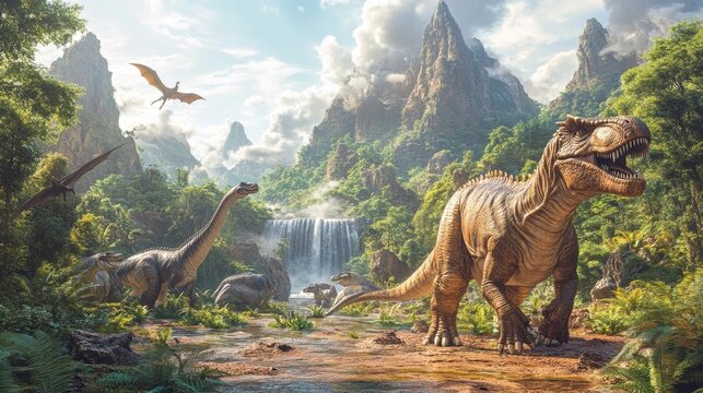 fantasy dinosaur landscape with lush greenery. generative ai