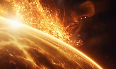 Wall Mural - A dramatic depiction of a solar explosion illuminating a planet in space.
