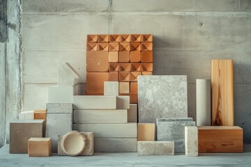 Aufkleber - Variety of construction materials including bricks and wood arranged on a surface with empty space in a workshop. Generative AI
