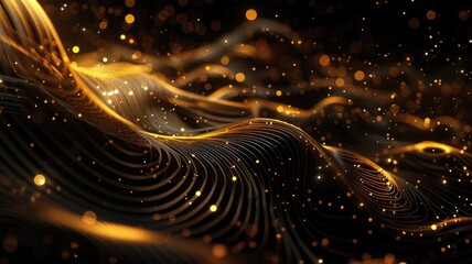 Poster - A mesmerizing futuristic abstract background featuring flowing waves illuminated by golden light, creating a sense of elegance and dynamic motion. Perfect for technology-centric themes.