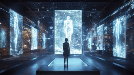 Poster - Visitors immerse themselves in a digital gallery filled with interactive virtual artworks and lifelike avatars, creating an engaging atmosphere. Generative AI